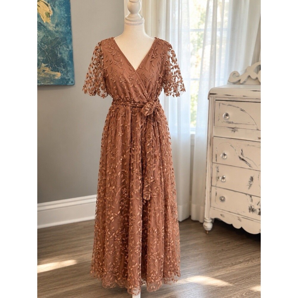 Baltic Born Arabella Embroidered Tulle Maxi Dress Gold Brown XL Wedding Guest